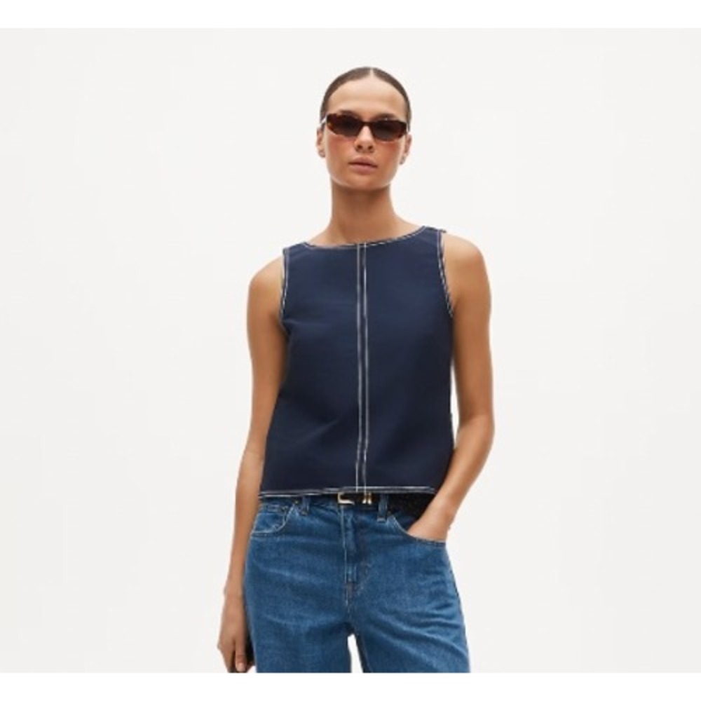 J.Crew Womens Navy Blue Contrast Stitch V-Neck Cotton Shell Top CV049 NEW
